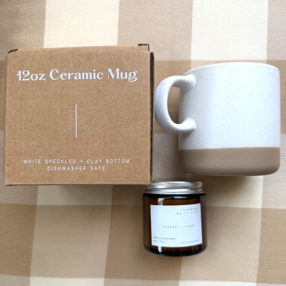 New Ceramic Mug, like Farmhouse pottery & lavender+sage hand poured soy candle.